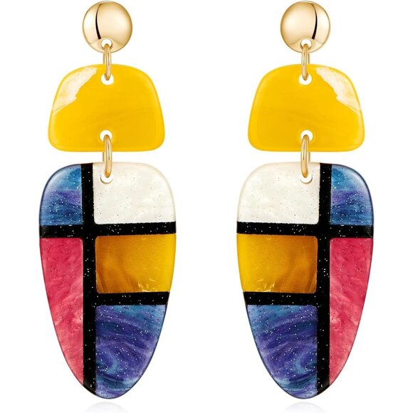 Jewelry - Women's Resin Plaid Boho Statement Dangle Earrings Multicolor Costume Jewelry